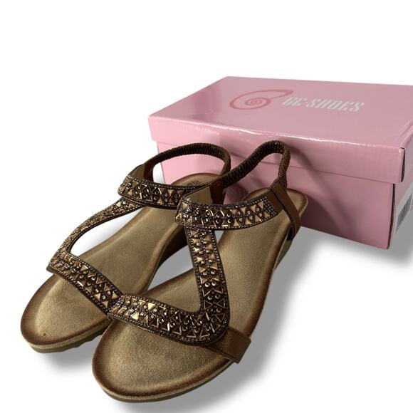 NEW GC Shoes Sandals Size 8 Brown rhinestone Embellished Low Wedge Strappy Boho - Picture 4 of 13